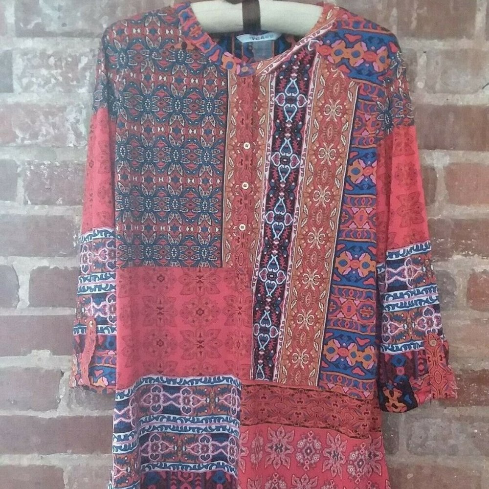 NYGARD Multicolor Orange Blue Floral Boho Casual Tunic Top Shirt Women Size M/M